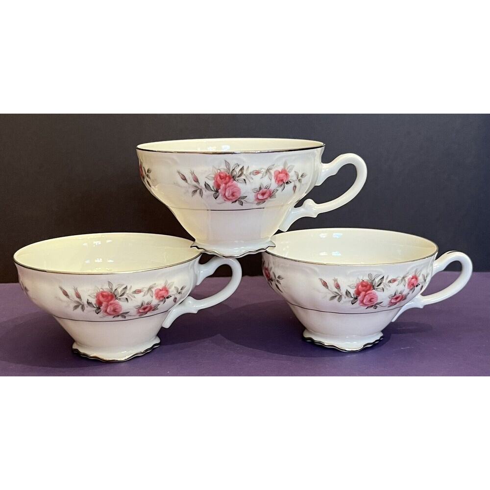 (3) Roslyn Kyoto Japan Tea Coffee Cups Pink Roses Gray Leaves Platinum Trim